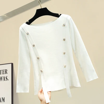 long sleeve white Одноцветная шелковая женская футболка с рукавом три четверти, модные топы, новое поступление - Цвет: long sleeve white