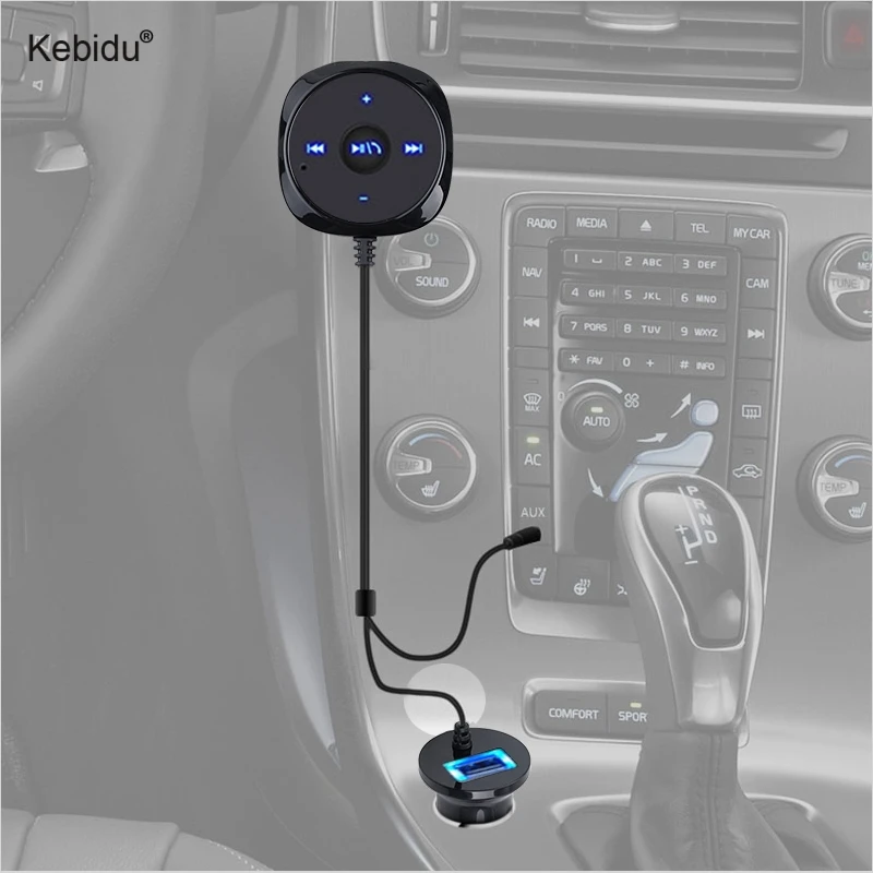 

kebidu Handsfree Bluetooth Car Kit Wireless bluetooth 3.5mm AUX Music Receiver Kit with USB Car Charger for Iphone Android