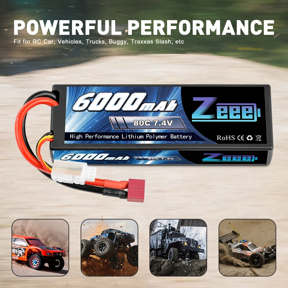 Zeee-bater&iacute;a Lipo de 6000mAh, 2S, 80C, 7,4 V con enchufe Decan, carcasa r&iacute;gida, para coche, cami&oacute;n, tanque, Slash Truggy, 2 unidades-4