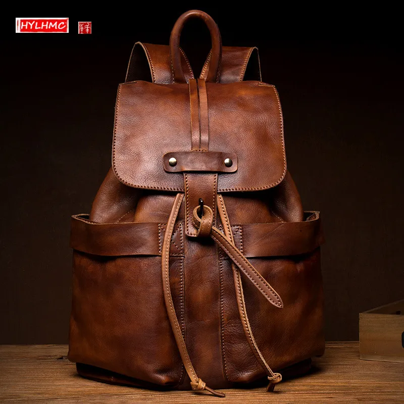 

Genuine Leather Men Backpack First Layer Cowhide Travel Backpacks Laptop Bag Male Computer shoulder Bag Soft Leather Vintage