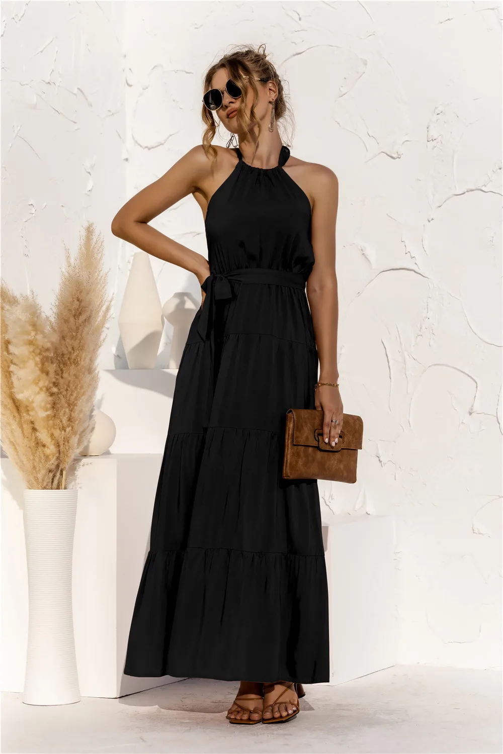 

Spring Summer Solid Color Dresses For Women 2021 Elegant Women's Maxi Dress Neck-Mounted Robe Longue With Bandage Party Vestidos
