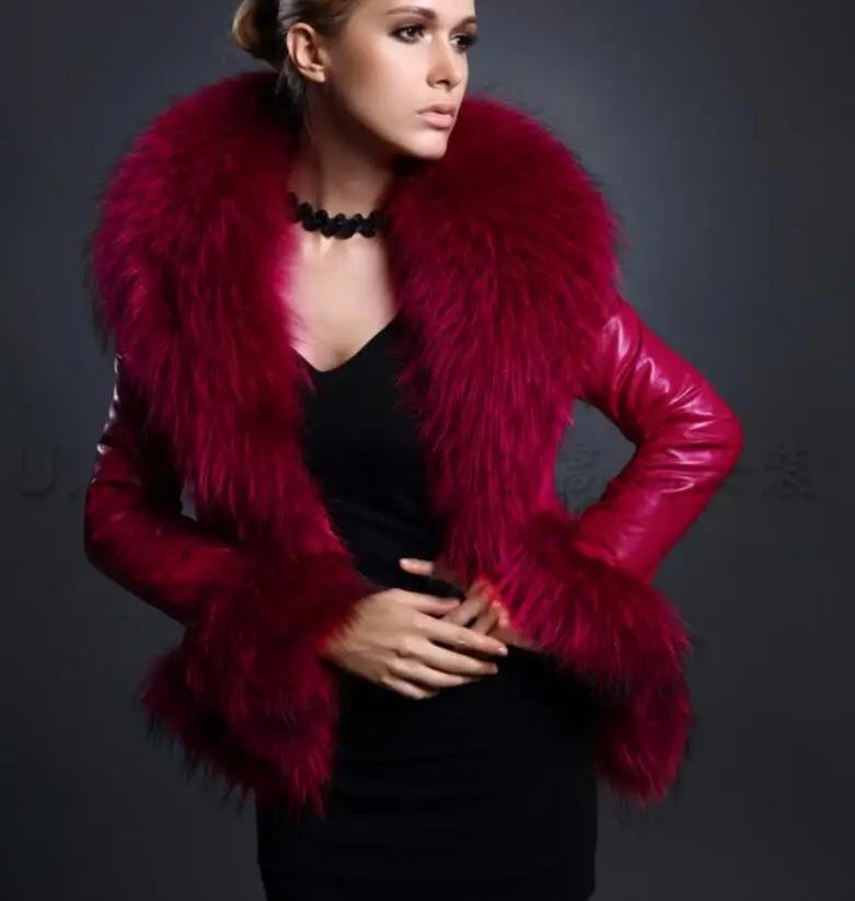 

Red Black Raccoon Fur Collar Imitation Fur Pu Fur Short Slim Fit Coat Sheep Skin Leather Jacket Women Nice Indie Coat Jackets