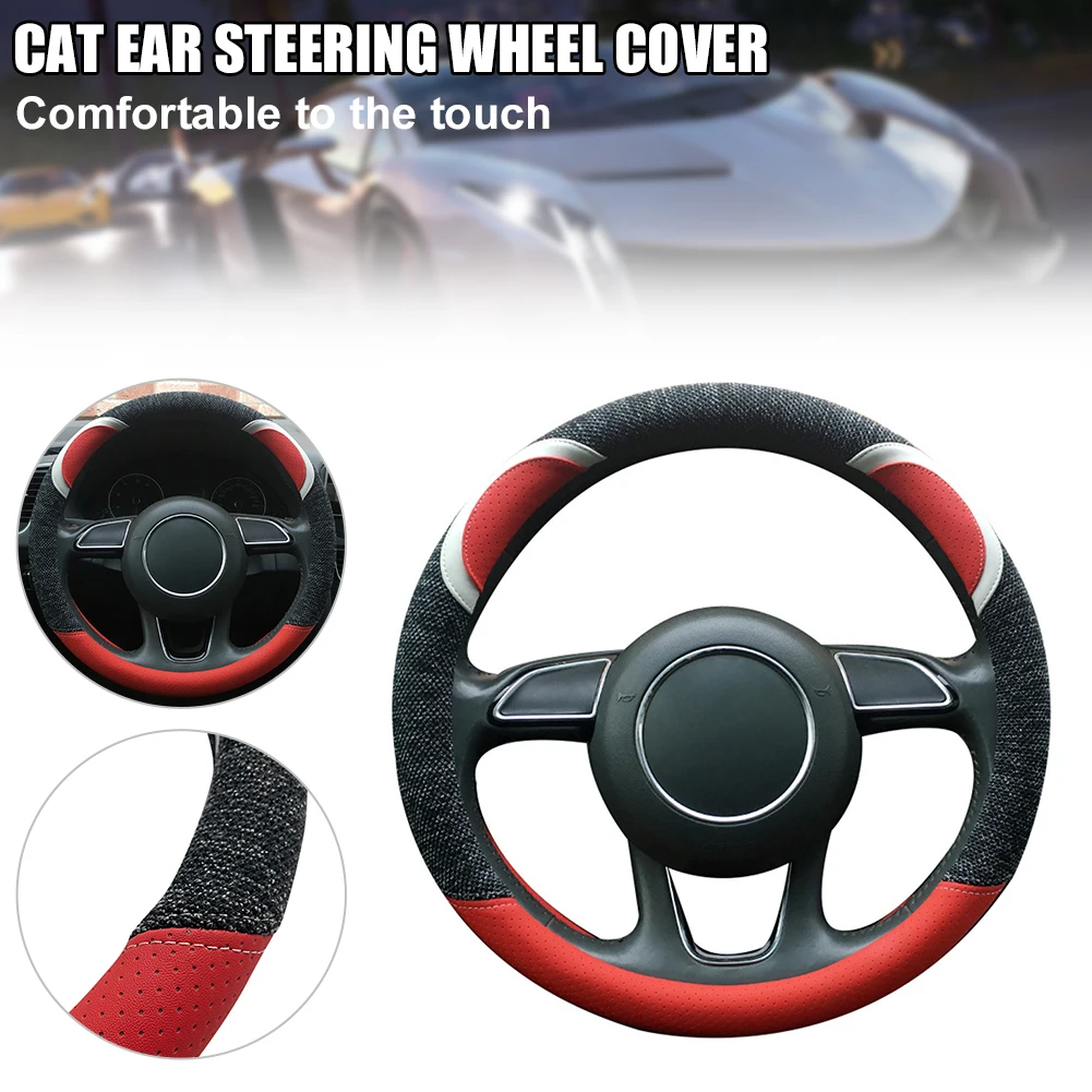 

Universal Car Steering Wheel Cover Cute Cat Ears Linen 38cm 15" Steeing Wheel Cover Gift Interior Accessories for Girls Women