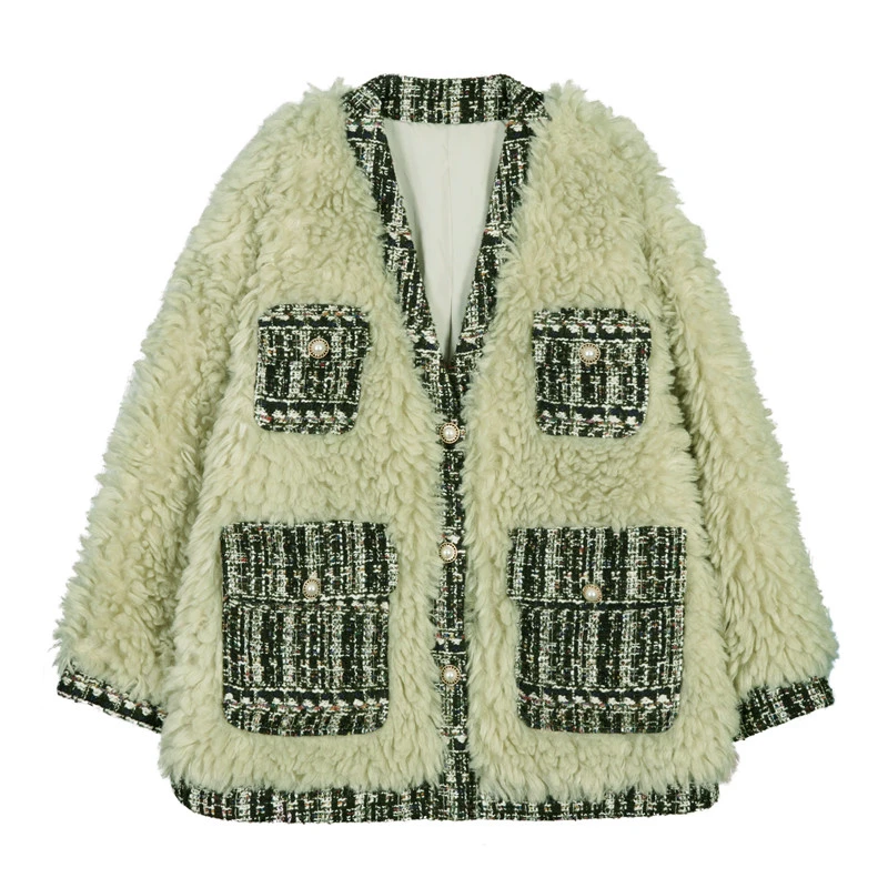 

loose plaid stitching cotton-padded jacket Female short plush thick lamb wool coat women autumn winter wild tide Outerwear M177