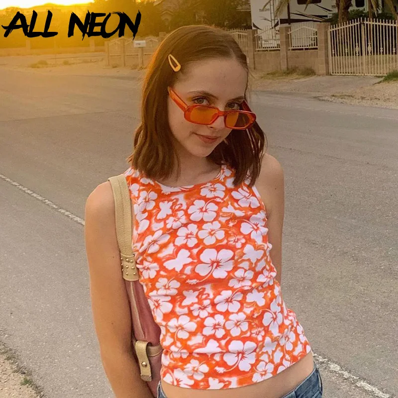 

ALLNeon 2000s Fashion Floral Print Orange Crop Tops Vintage Y2K O-neck Sleeveless Tank Top Harajuku Streetwear Cute Vests Women