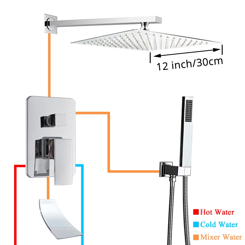12 inch Shower Set Uythner Ванна смеситель для душа дождевая душевая головка Хромированная Душевая система Водопад ванна кран смеситель для душа Смесители Настенные - Цвет: 12 inch Shower Set