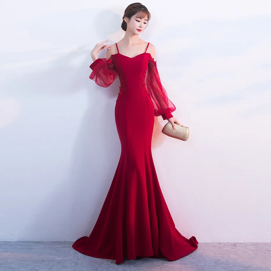 

Женское вечернее платье-русалка, прозрачное длинное кружевное платье с вышивкой и V-образным вырезом, платье для выпускного вечера, 2021