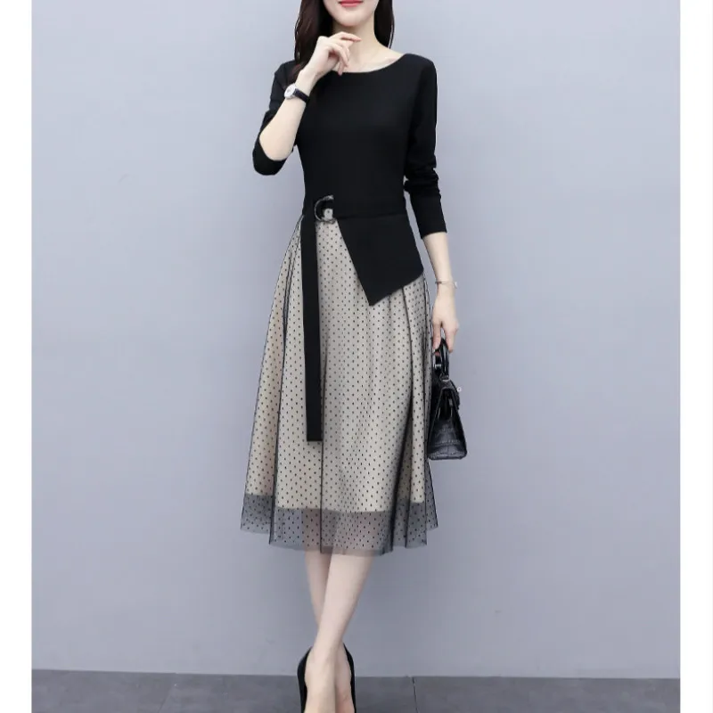 

Women's New A-line Dress Waist Slimming Temperament Casual Middle-waisted Goddess Fan Splicing Spring Autumn Long Sleeve Dress