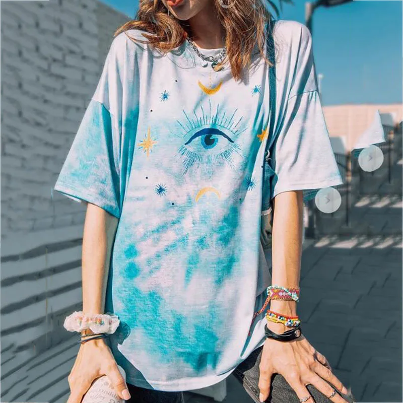 

Eye Print Tie Dye Chic Shirts Woman Tshirts Summer New O Neck Short Sleeve Oversized T Shirt Harajuku Casual Loose Tee Top S-3XL