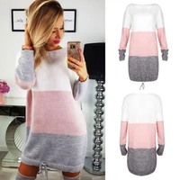 2022 new winter warm women sweater dresses long sleeve drawstring dress loose casual patchwork sweater pullover dress outfit