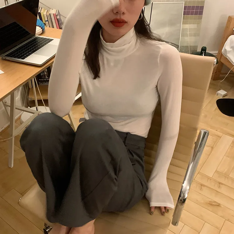 

Женская Облегающая водолазка, Однотонная футболка с длинным рукавом, 5 цветов, модель F4610 в Корейском стиле на осень