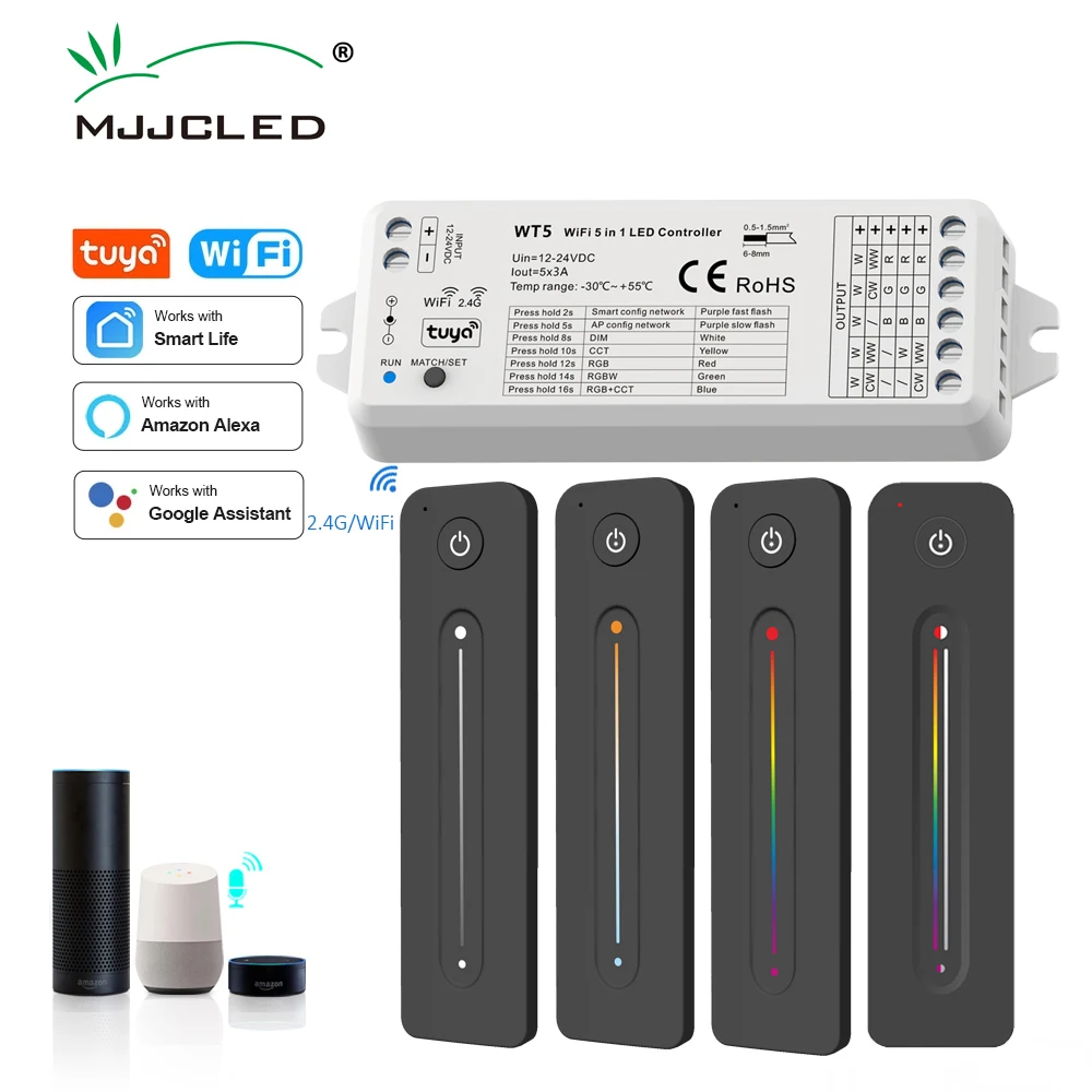 MJJC Tuya светодиодный контроллер 12v 24v 5 в 1 диммер RGB/RGBW/RGBWW RGBCCT полосы светильник приложение Smart Life Wi Fi 2 4G RF