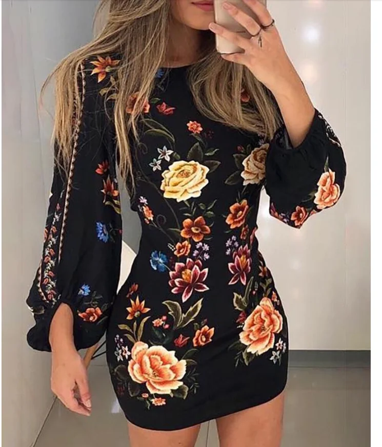 

Summer Holiday Skinny Mini Dress New Fashion Printed Waist Shirt with Lantern Sleeves Mid-length Shirt for Women