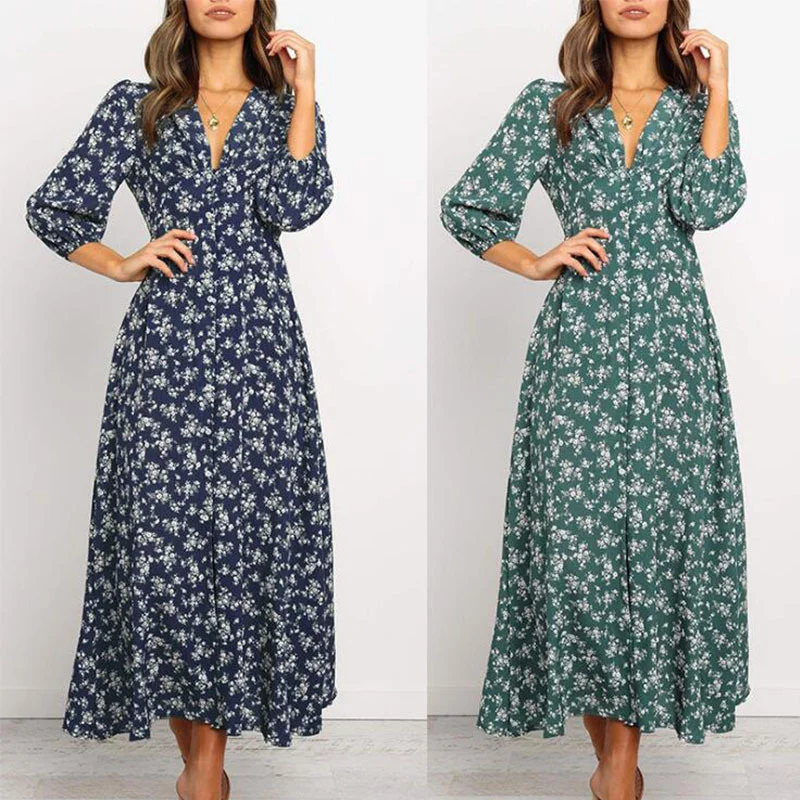 

2021 Autumn Printed V-neck Long Sleeve High Waist Chiffon Women's Dress