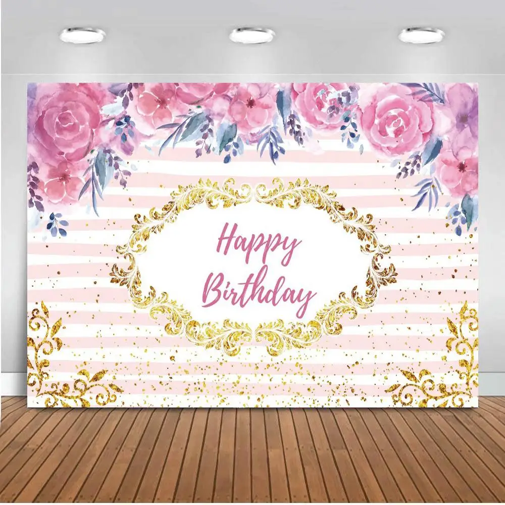 

Golden Lip Print Shape Women Birthday Photo Backgrounds Floral Flowers Tassel Pink Striped Cake Table Wall Decor Backdrops