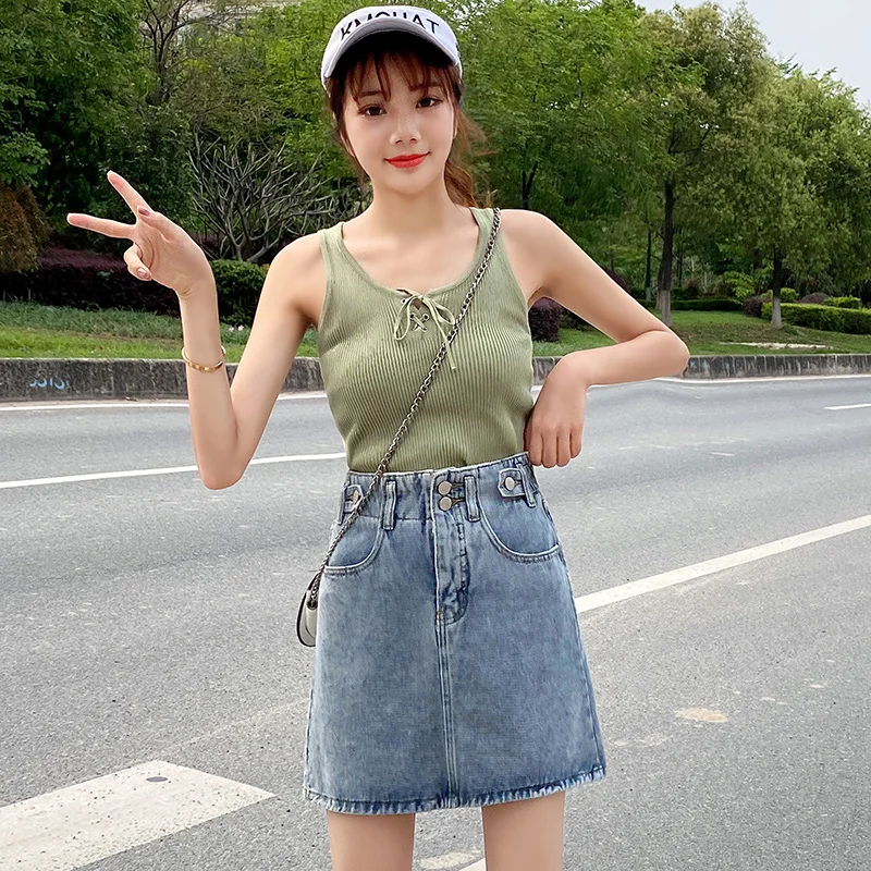 

2021 Summer New College Style Elastic Waist A-Line Skirt High Waist Was Thin
