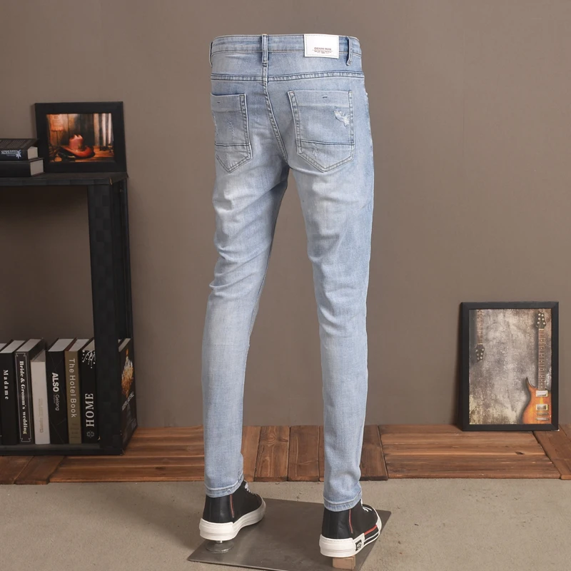 Men's Light Blue Ripped Patches Jeans Summer Casual Slim Fit Pencil Pants Streetwear Printed Denim Trousers