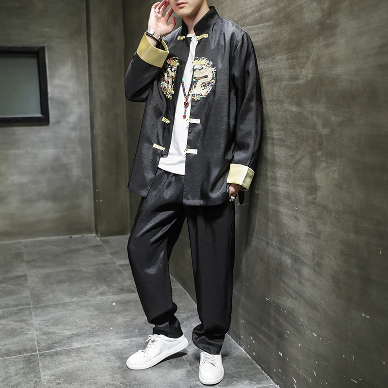 Chinese Style Men's Clothing Ice Silk Embroidery Golden Han Suit Tang Buckle Set Two-piece Traditional | Тематическая одежда и