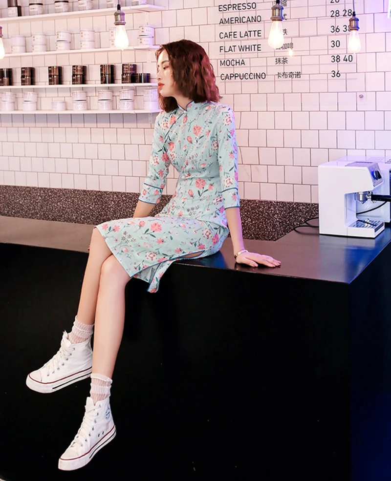 Женское приталенное платье-Ципао с длинным рукавом в китайском стиле