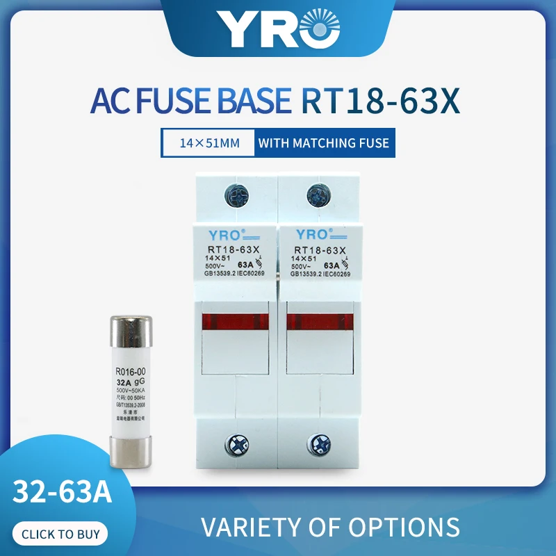 

AC 1Sets 2P LED Fuse Base 500V With 14x51MM Fast Blow Ceramic Fuse Core 32A 40A 50A 63A RO16
