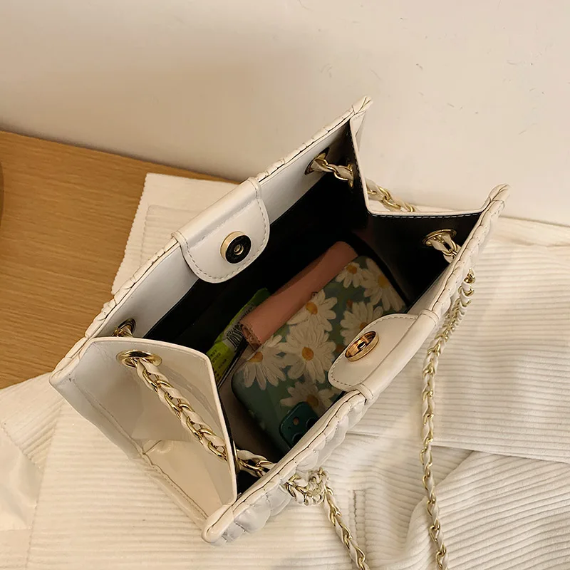 

Textured PU Leather Folds Pattern Female Shoulder Bag Large Capacity Chain Tote Handbags for Women Solid Color Messenger Bag Sac