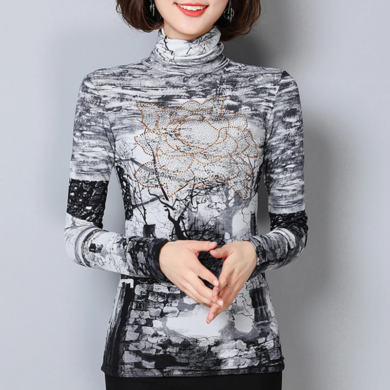 Блузка женская зимняя с высоким воротником и принтом батальных размеров 6XL|blusas