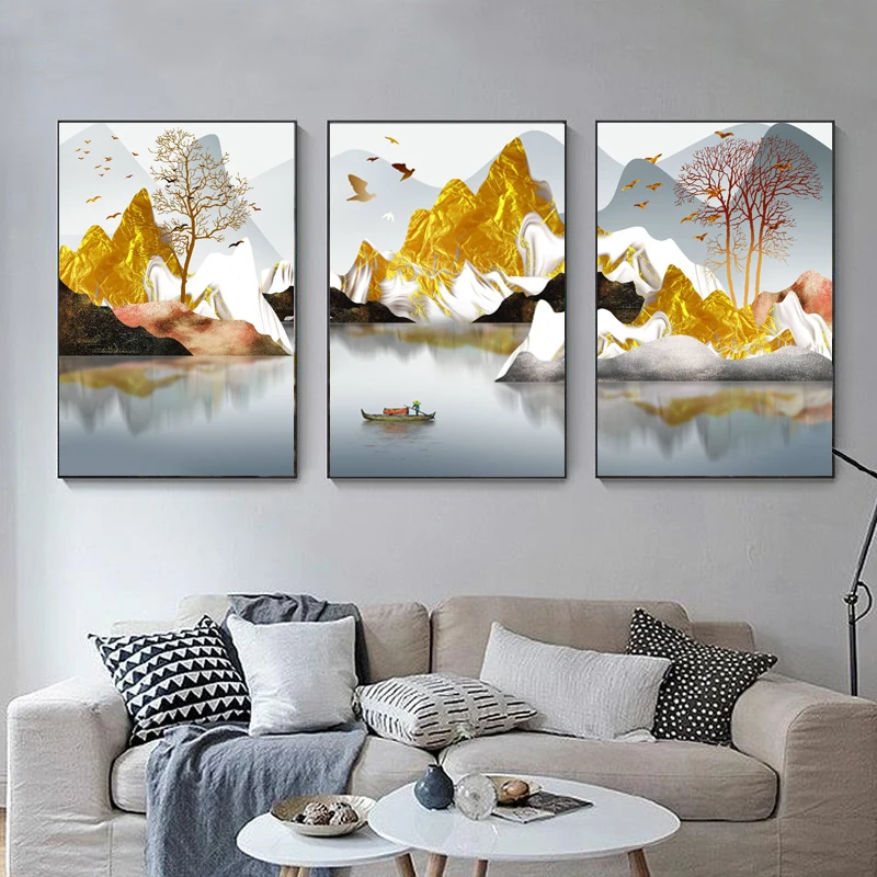 Абстрактный Золотой горное озеро Пейзаж Wall Art плакат печать холст Современная