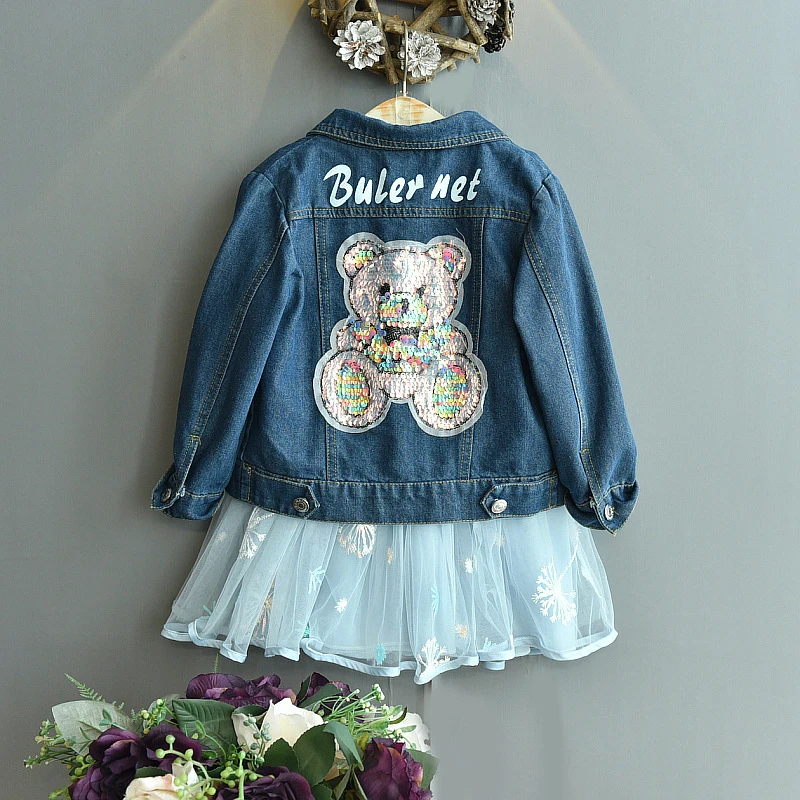 

Baby Girl Casual Clothes Spring Autumn Girls Sequined Bear Letter Print Denim Jacket Children Fashion Costume Kids Clothing 3-7Y