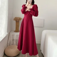 red vintage long sleeve dress women party elegant ankle length female square collar simple korean style casual streetwear slim