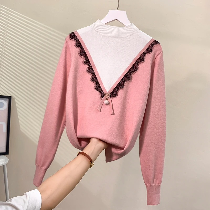 Женский кружевной свитер Осенний пуловер с длинным рукавом в стиле пэчворк |