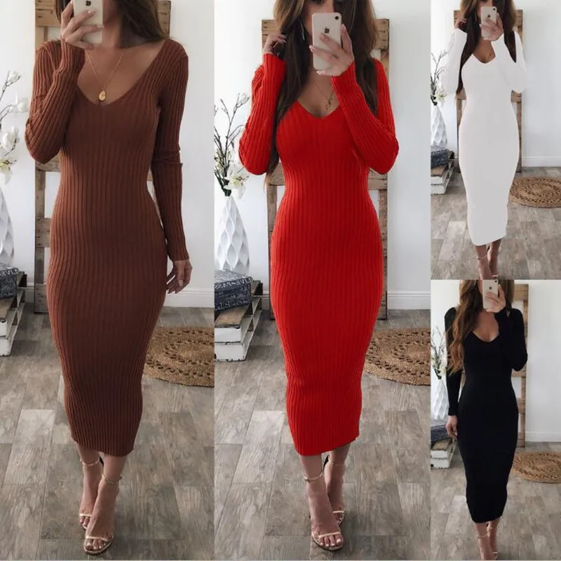 

WEPBEL Women Sexy Winter Bodycon Dress Lady Elegant Fashion Comfortable High Waist V Neck Corset Party Evening Dress