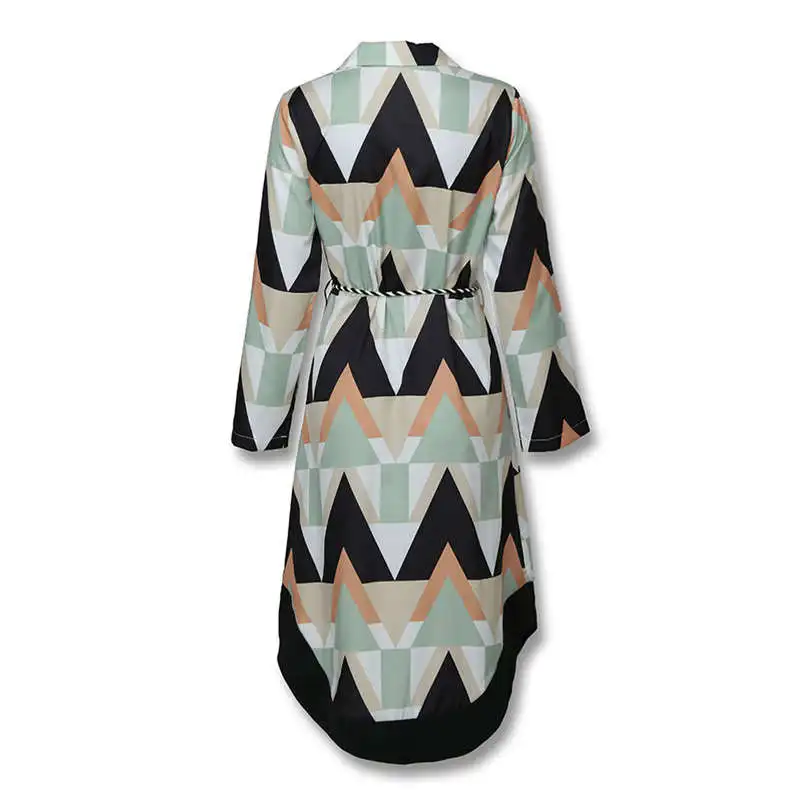 

Autumn Lady Women's Shirt Dress Wave Print Long Sleeve V-neck Casual Loose Holiday Midi Dress Plus Size