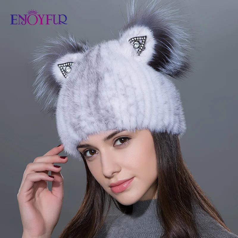 Женская шапка с кошачьими ушками ENJOYFUR, шапка из натурального меха норки на зиму
