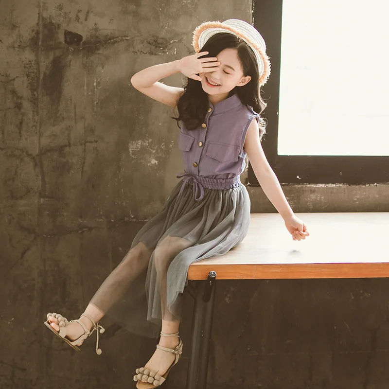 Комплект детской одежды для девочек однотонное платье + юбка летняя одежда из 2