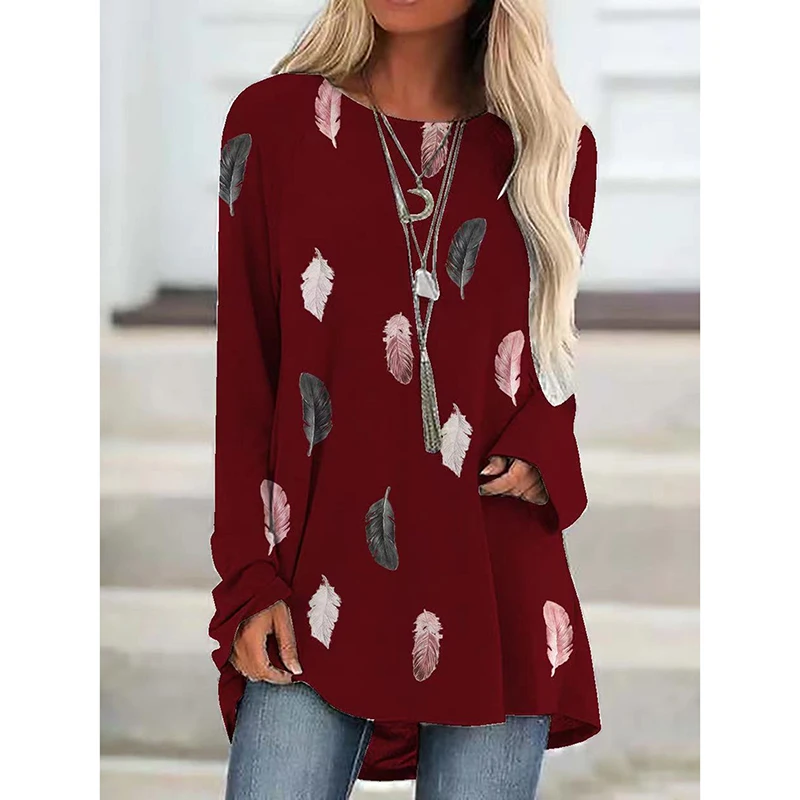 

2021 Summer Casual Feather Print V Neck long Sleeve Basic T Shirt Harajuku Tunic Tops Loose Oversize Tee Shirts Female Clothing