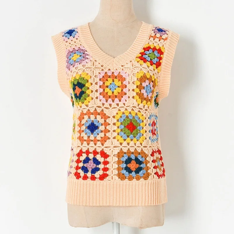 

Cuterrific свитер-жилетка с v-образным вырезом без рукавов Контрастные Цвета Инди фолк выдалбливают вязаный жилет шикарный Винтаж Топы