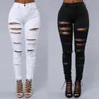 Женские высокие Стрейчевые джинсовые брюки, женские рваные облегающие брюки-карандаш со средней талией, черные белые