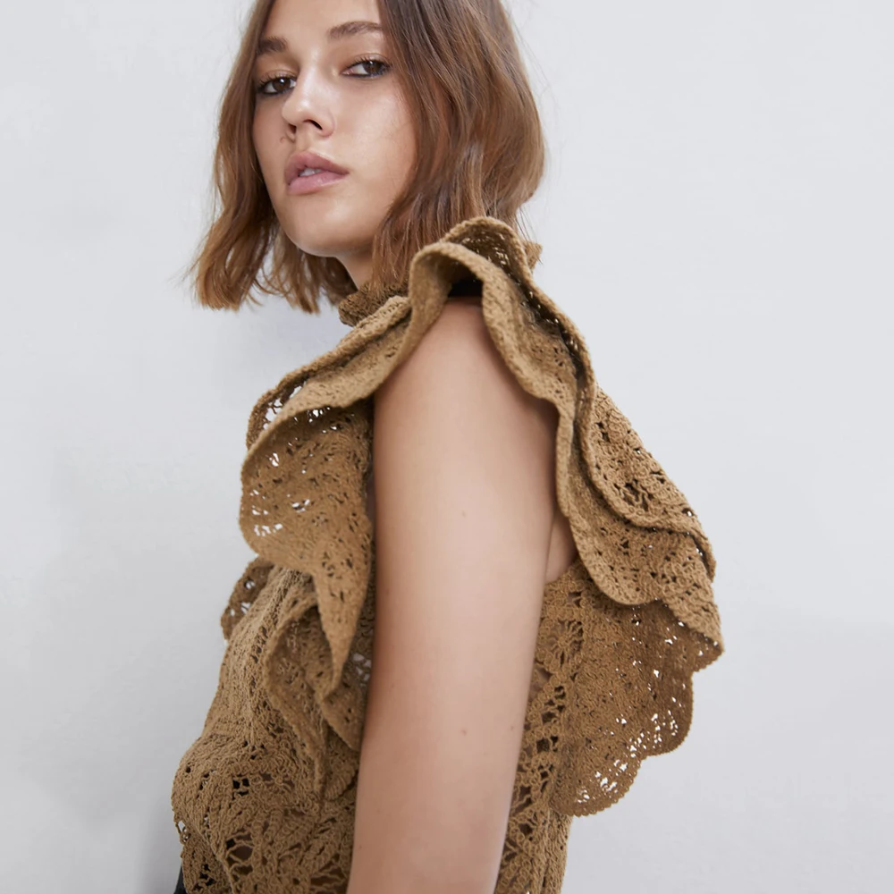 2019 Новинка ZA коричневый свитер блузка стоячий воротник без рукавов текстура