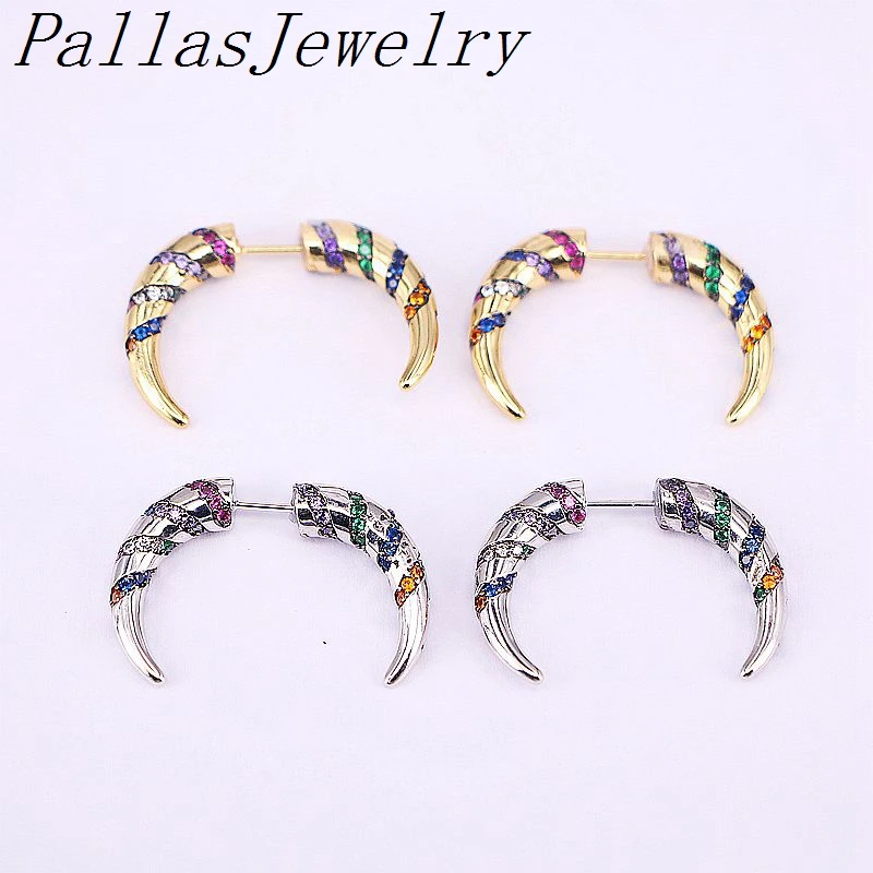 

3Pairs rainbow cz micro pave Zirconia Horn/Crescent stud earring multi color cz charm women trendy jewelry