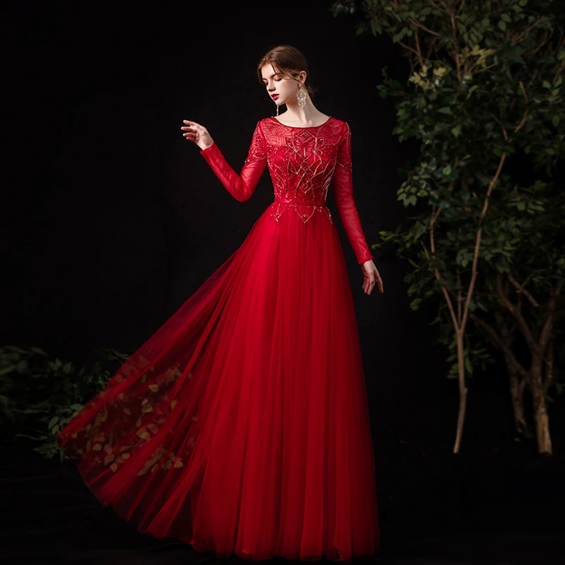 

robes de soirée Red Long Sleeves Evening Dresses Beaded Sequined Scoop A Line Illusion Back Prom Celebrity Formal Party Gown