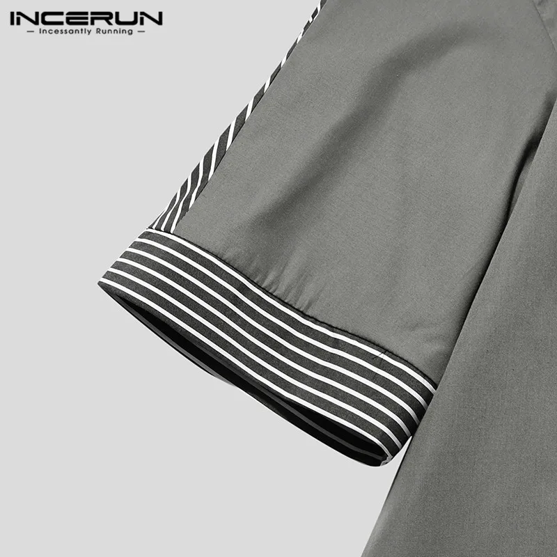 

Men Turn Down Collar Patchwork Blouse INCERUN Vintage Half Sleeve Shirts Casual Button Striped Camisa Man Retro Pocket Shirt 5XL