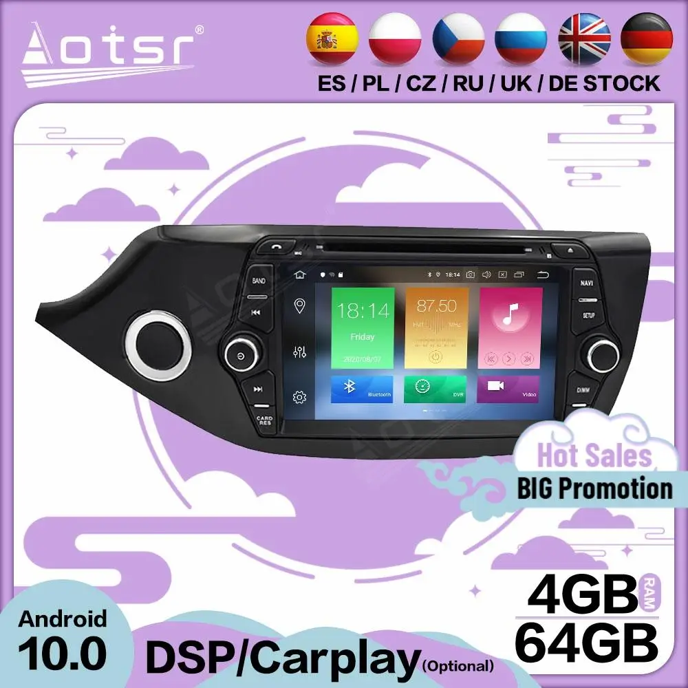 

4+64GB Carplay Multimedia Stereo Android 10 Player For KIA CEED 2013 2014 2015 2016 GPS BT Audio Radio 2 Din Receiver Head Unit