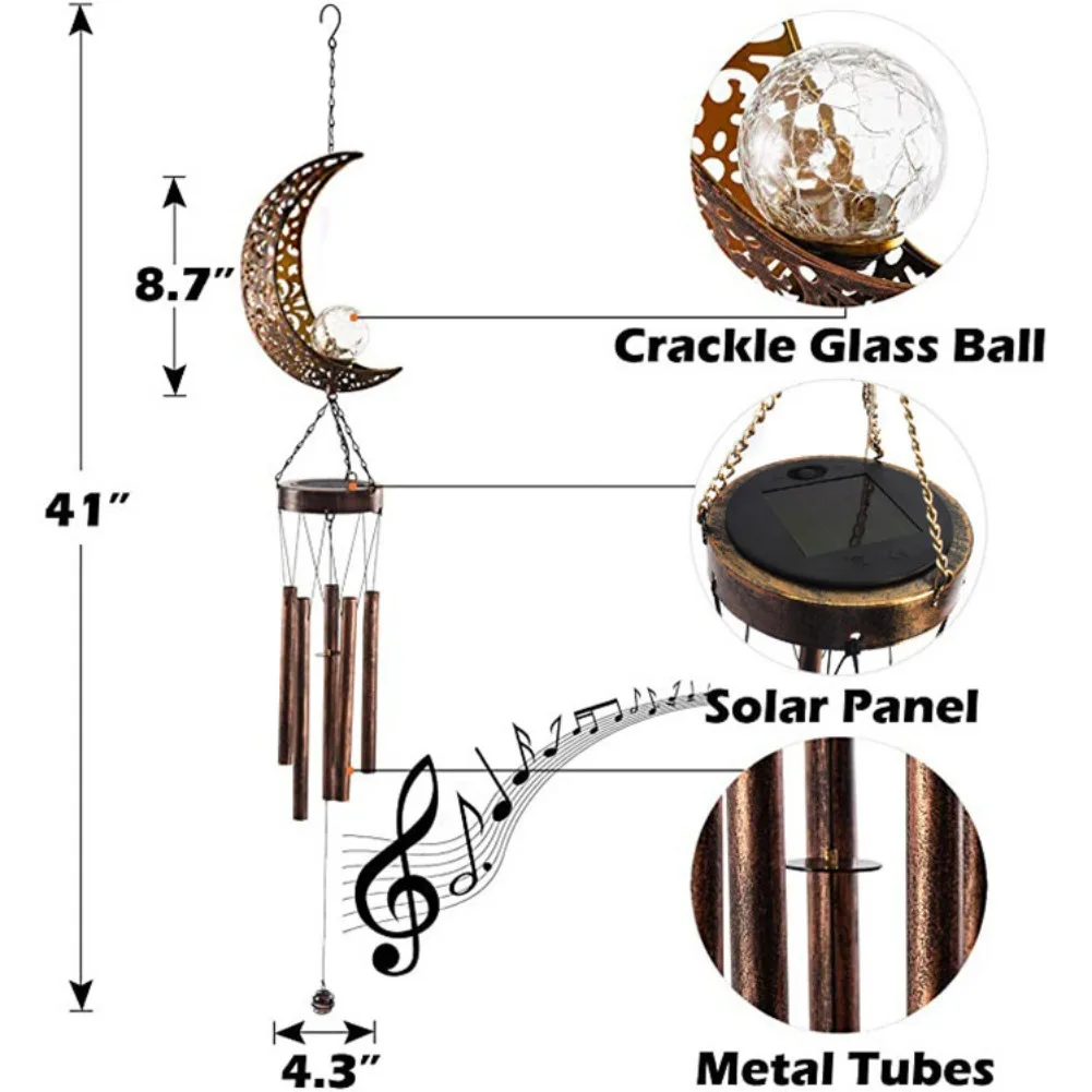 

Wind Chime Moon Shape Iron Solar LED Wall Pendant Home Wall Hanging Craft Gift Ornament Bedroom Decoration