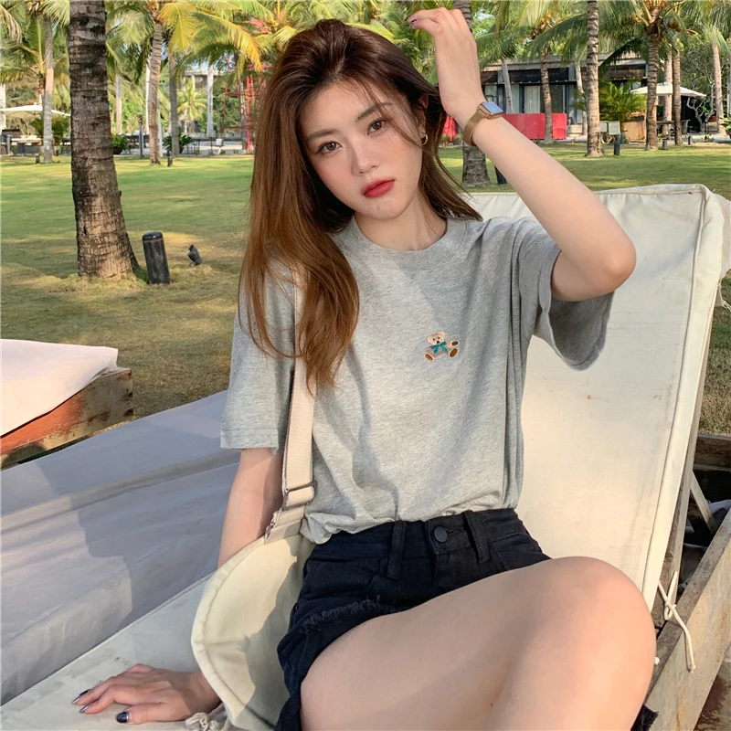 Повседневная Свободная футболка Ins с медведем женские футболки топы японские