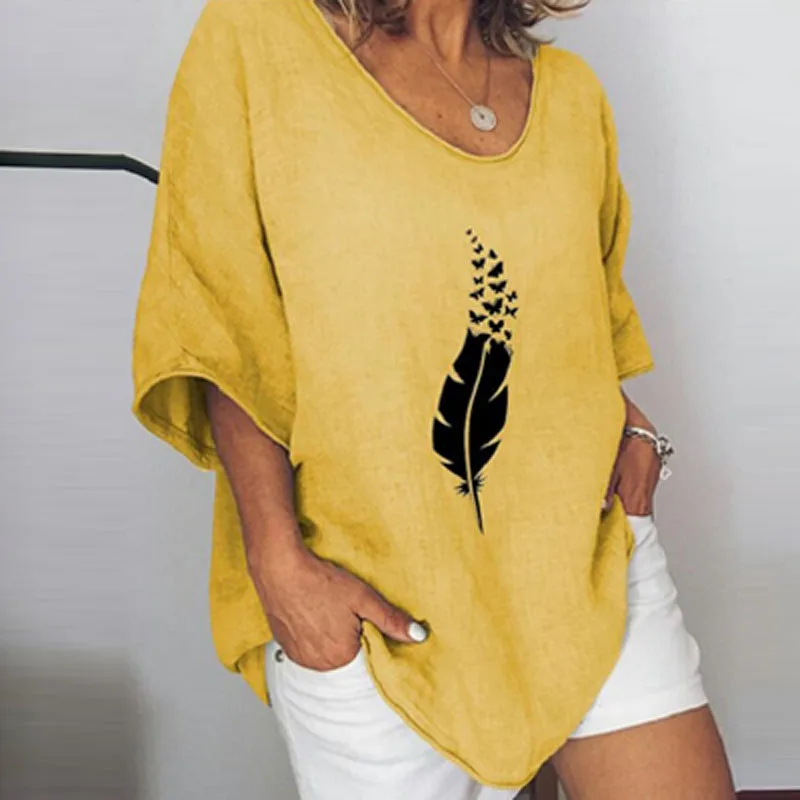 

Autumn Spring Fashion Batwing Sleeve Loose Tops Women Elegant Feather Butterfly Print Linen Cotton Blouses Casual V-Neck Blusa