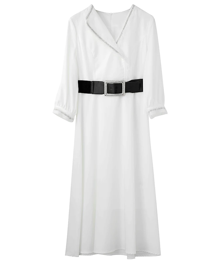 

Elegant Women's Dress 2020 Autumn Business Female V-Neck Crystal Beading Belt Patchwork Mid-Calf Length White Black Dress OL