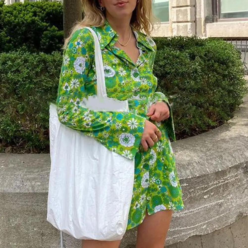 

2021 Summer Ladies Temperament Shirt Dress Women Leisure Style Floral Printing/Color Matching Lapel Long Sleeve Mini Skirt