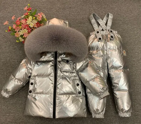 yin se grey fox fur Комплект одежды для детей; пуховик для мальчиков и девочек; лыжный костюм серебряного цвета; комплект из 2 предметов с воротником из натурального меха животных - Цвет: yin se grey fox fur