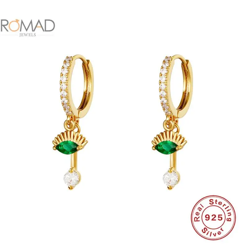 

ROMAD 9mm 925 Sterling Silver Evil Eye Pendant Earring Gold Hoop Earring Women Rose Red Green Zircon Pendientes Plata Jewelry