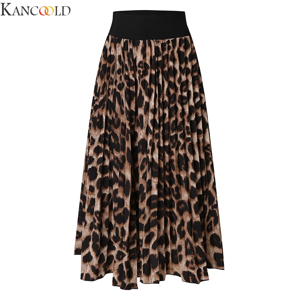 

KANCOOLD New Skirts Women Vintage leopard printing pleated midi faldas mujer ladies elastic waist sashes chic mid-calf skirts